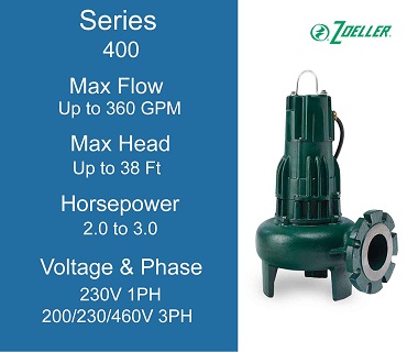 Zoeller Sewage Pumps, 400 Series, 2.0 to 3.0 Horsepower, 230 Volts 1 Phase, 200/230/460 Volts 3 Phase